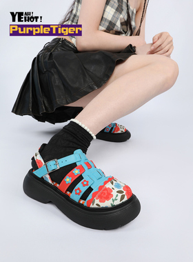 Purple Tiger原创女撞色小众2025新品一字扣休闲圆头凉鞋单鞋