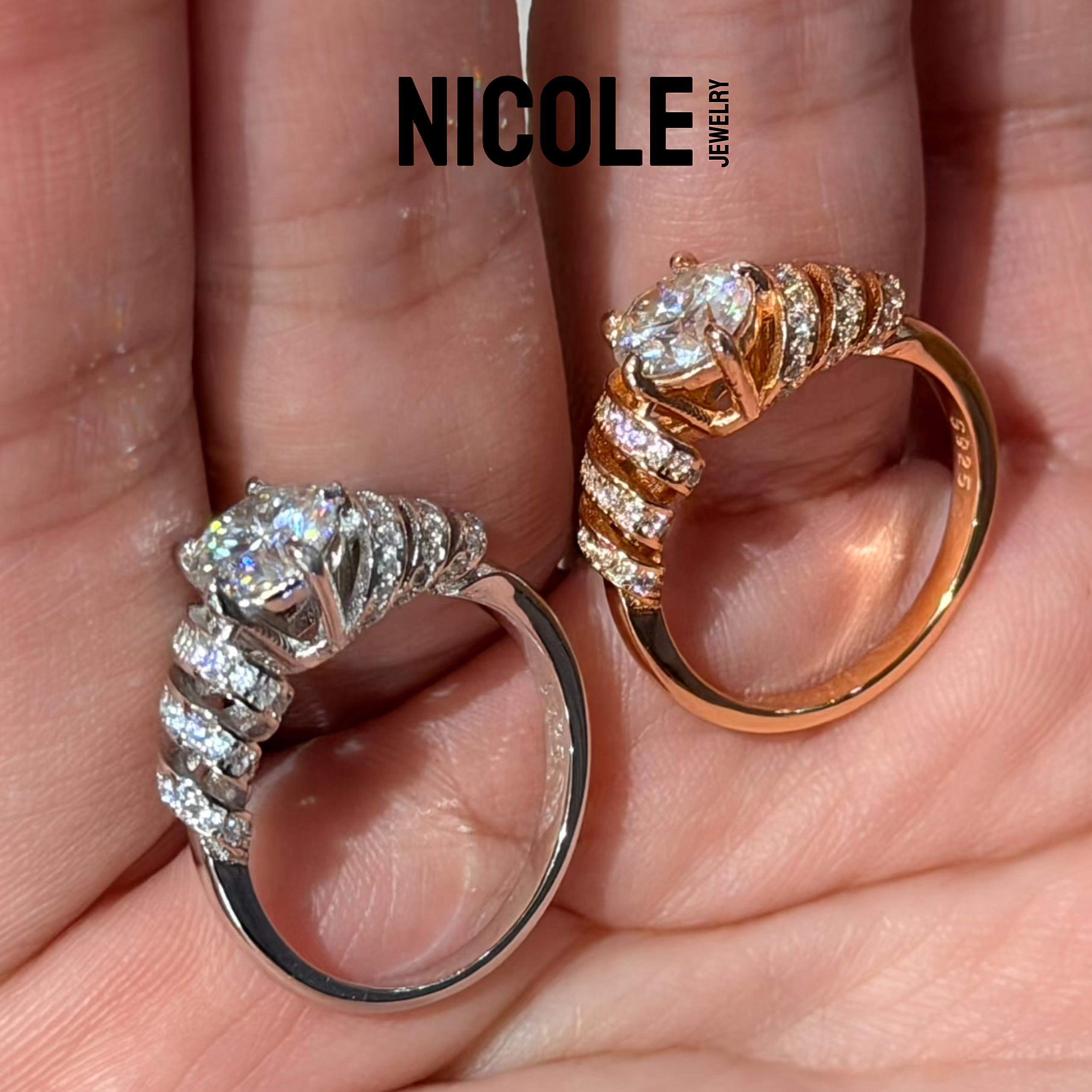 Nicole Jewelry 925银镀金中古风拉丝牛角包镶钻戒指女小众设计感