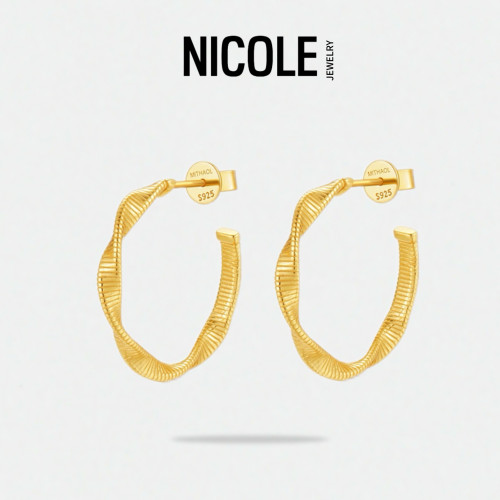 NICOLE JEWELRY金色扭纹耳圈S925耳环 复古做旧麻花耳饰C形大耳圈