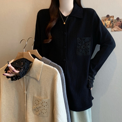 档口实拍秋冬新大码气质设计感镂空拼接翻领针织衫衬衫式宽松毛衣