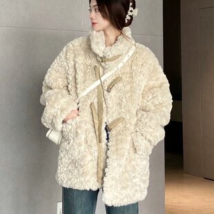 高级感超好看羊毛羔外套女冬2026新款皮草中长款宽松夹棉加厚棉服
