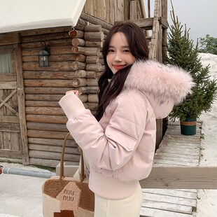 2026小镇姗姗雪映阑珊仿真貉子毛领棉服女冬防风短连帽小个子外套