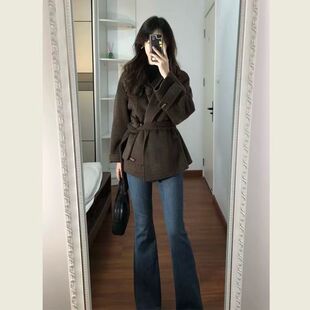 韩系复古咖色立领呢子大衣女秋冬季小个子牛角扣腰带短款毛呢外套