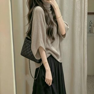 韩系驼色针织衫上衣女装秋天穿搭高领中袖小个子宽松套头薄款毛衣