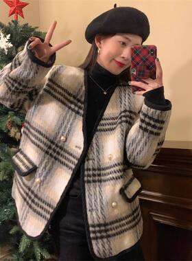 小香风夹棉加厚毛呢外套女冬季大码胖妹妹气质显瘦千鸟格呢子大衣