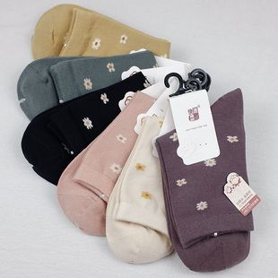 保暖女中筒2105甜美日系小花笑脸女袜快适机能袜子 春秋款 6双 包邮