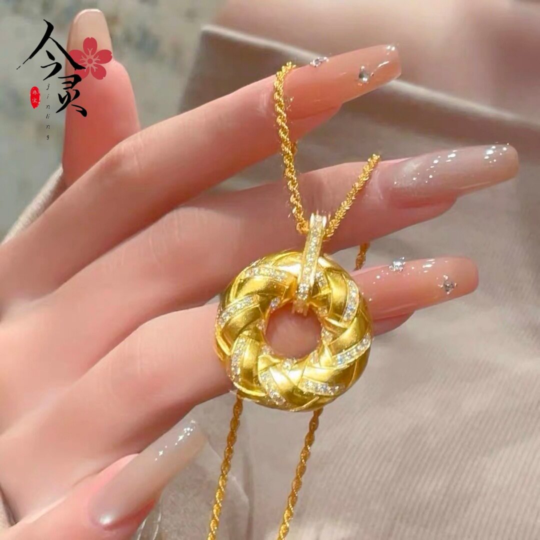 古法拉丝鎏光织金项链镶钻金色圆满平安扣编织甜甜圈吊坠女毛衣链