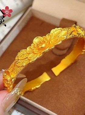 金色开口手饰錾刻繁花双喜牡丹花手镯女复古新中式百搭手饰品