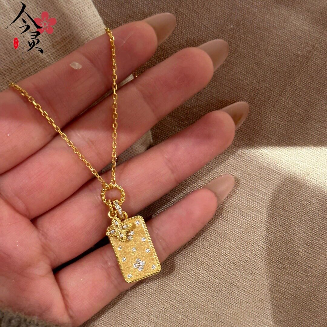 金色同款沙金diy镶钻拉丝无事牌四叶草项链时尚简约百搭项链饰品