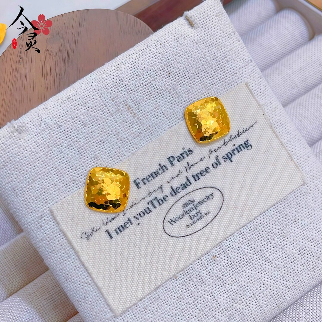 金色同款CNC碎冰方糖耳钉闪耀