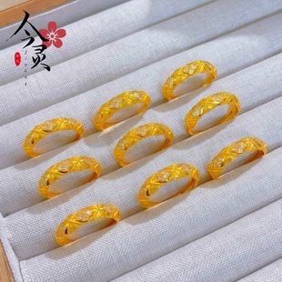 金色爆款精工拉丝镶钻菱格戒指新款古法重工四叶灯笼雕花指环戒指