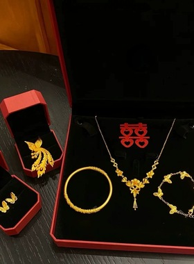 爆款新中式繁花似锦套链耳钉戒指婚嫁套装金色同款婚嫁首饰三生花