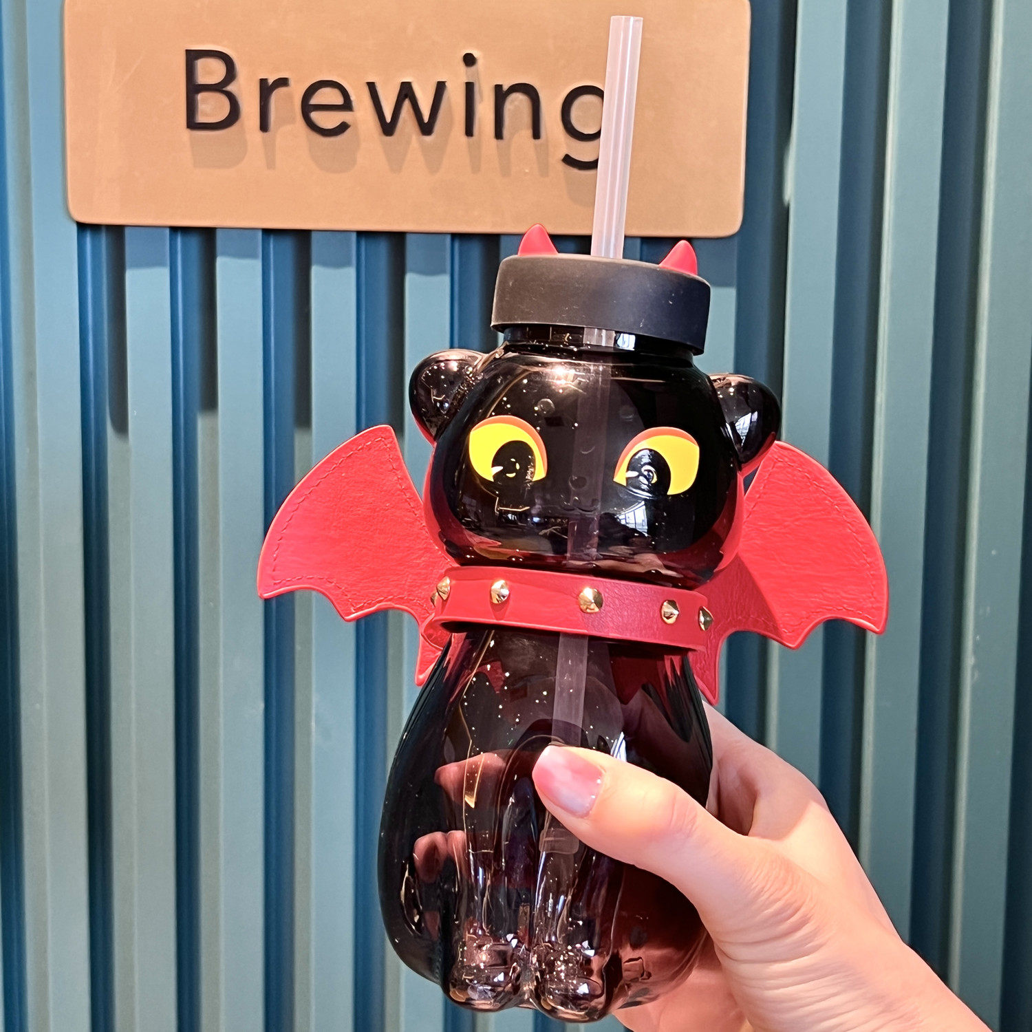 万圣节限定暗夜黑猫造型玻璃吸管杯翅膀项圈小众创意个性送人礼物