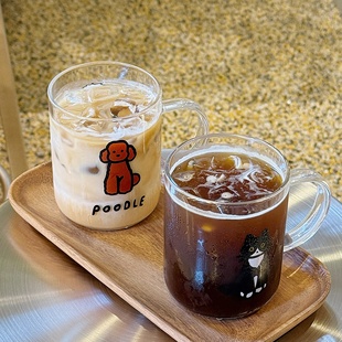 ins风高硼硅耐热带把手玻璃杯卡通小狗猫咪咖啡杯好看的喝水杯子