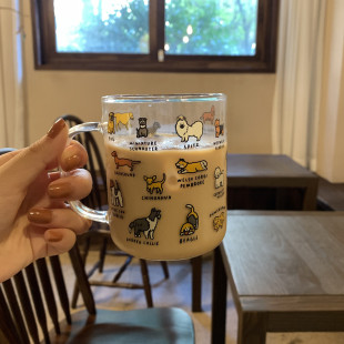 韩国创意插画可爱萌宠小狗玻璃杯咖啡杯牛奶杯卡通好看的喝水杯