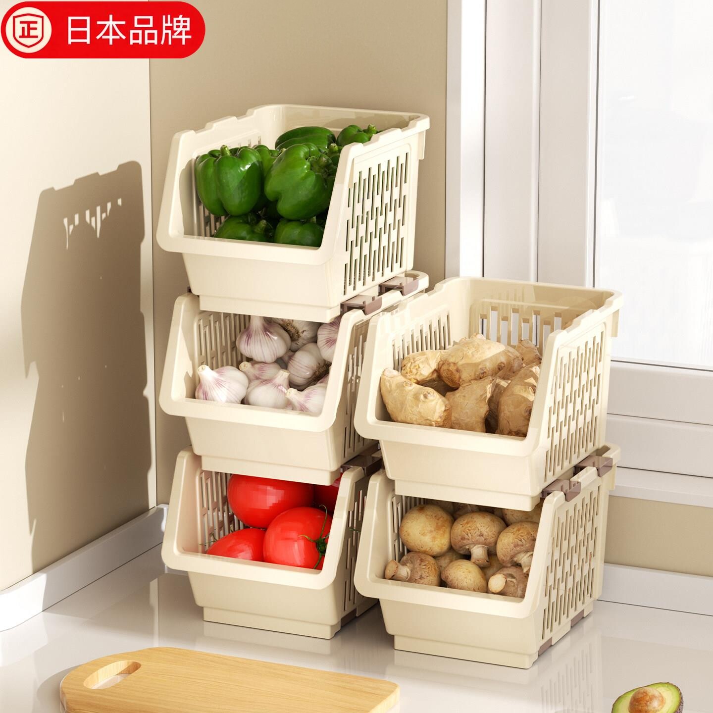 日本进口收纳筐厨房多层台面可叠加收纳盒装蔬菜水果大蒜置物架