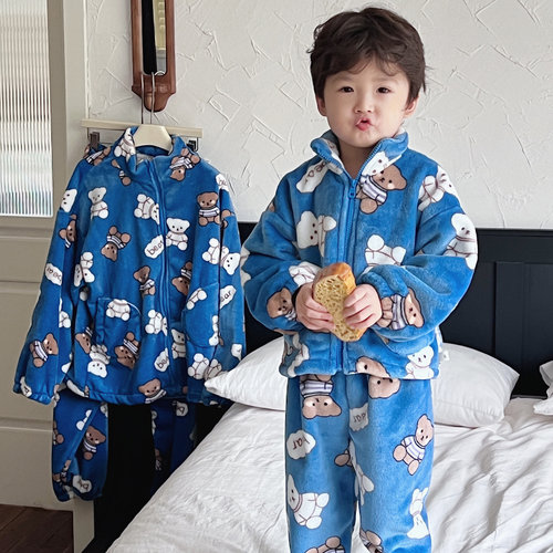 儿童睡衣法兰绒秋冬季男童保暖加厚加绒宝宝珊瑚绒亲子家居服套装