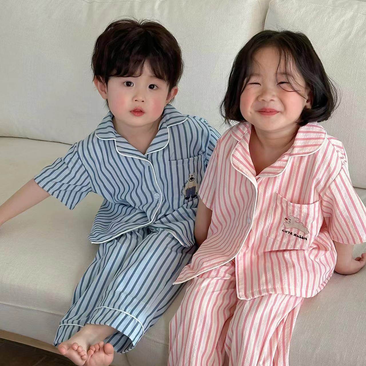 儿童条纹睡衣套装2024夏季新款  兄妹家居服宝宝短袖家居服