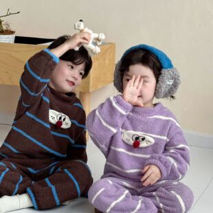 儿童半边绒睡衣2025冬季新款中小童套头睡衣睡裤宝宝软绵绵家居服