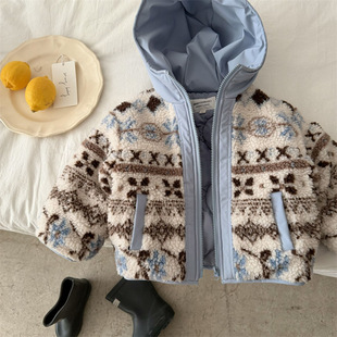 儿童费尔岛外套2025冬季新品男女童连帽毛毛衣宝宝羊羔毛加厚棉服