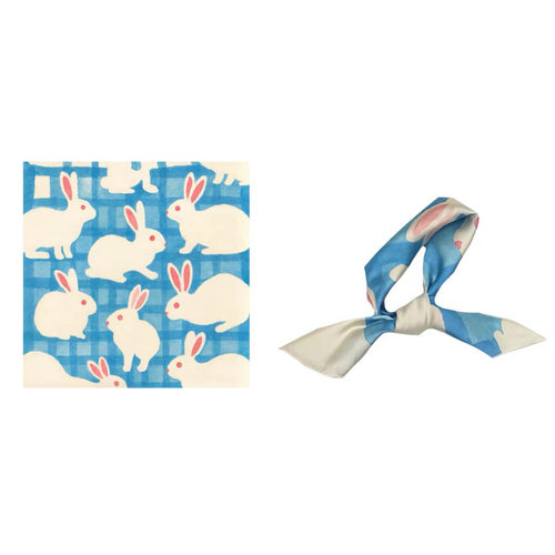 蓝呼呼小兔叽～Flora水彩蓝格子萌宠动物印花可爱小方巾丝巾头巾