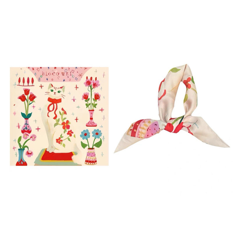 热爱浪漫的玛丽～Flora轻法式蝴蝶结花花猫咪少女小方巾丝巾头巾