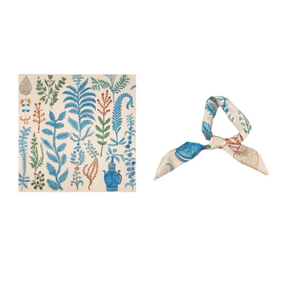 Flora波西米亚艺术古朴流浪感蓝色植物系印花复古小方巾丝巾头巾