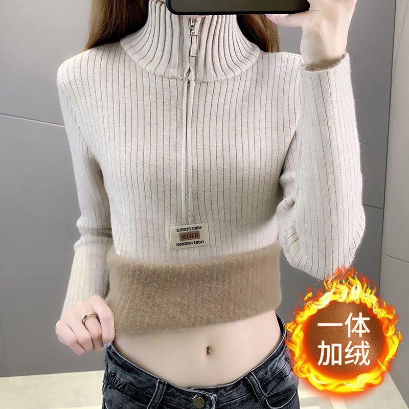 秋冬女加绒加厚半高领拉链打底图片
