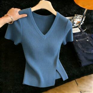 胖MM复古chic洋气V领短袖针织衫女夏季新款超好看百搭显瘦上衣