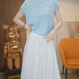 洋气宽松显瘦纯色休闲上衣潮 冰丝短袖 t恤女夏季 薄款 镂空针织小衫