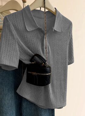 灰色polo衫冰丝针织短袖t恤女夏季2025新款爆款正肩半袖上衣夏款