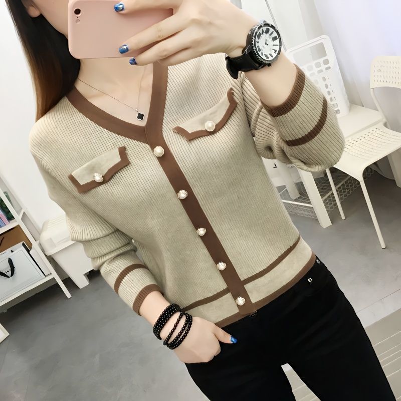 秋冬V领慵懒风短款打底针织衫女图片