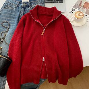 双拉链高领针织开衫毛衣女款2026年秋冬新款多巴胺穿搭小个子内搭