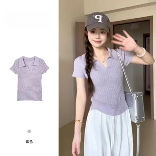 紫色打底衫 法式 t恤女春夏季 polo领修身 洋气上衣 针织短袖