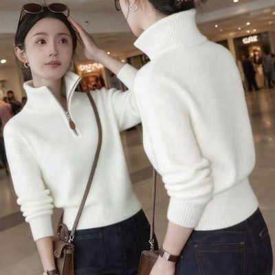 洋气半高领拉链毛衣女2025秋冬高级感宽松内搭可外穿软糯针织上衣