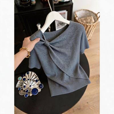 设计感小众扭结短袖t恤女2026夏季新款轻奢斜领针织上衣时髦显瘦