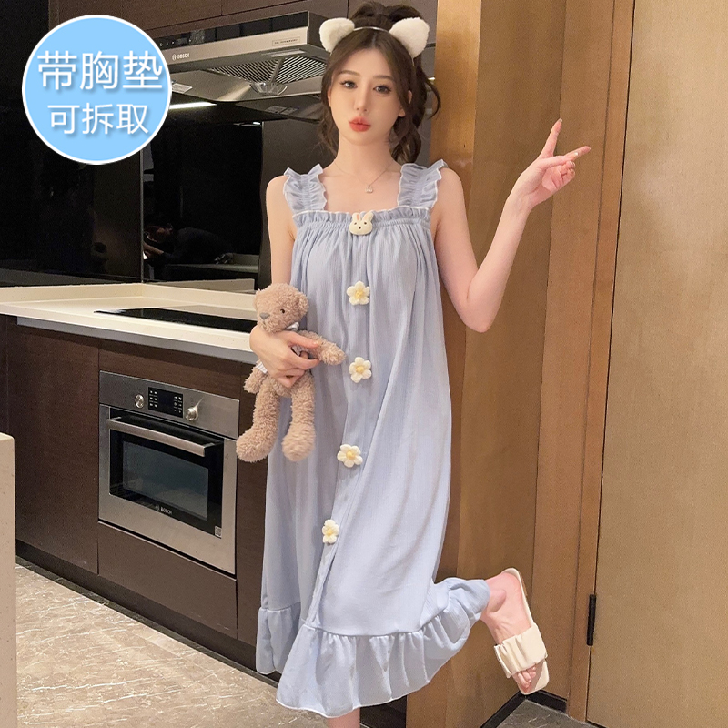 带胸垫吊带睡裙夏季纯棉甜美花兔