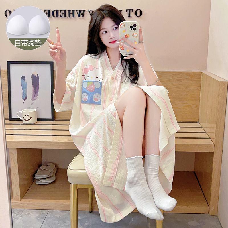 带胸垫睡裙女夏天季纯棉短袖甜美