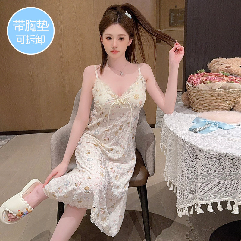 带胸垫吊带睡裙女夏天季纯棉中长款性感V领纯欲风少女睡衣家居服