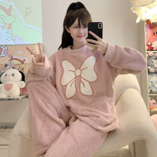 宽松蝴蝶结家居服套装 软绵绵半边绒睡衣女秋冬季 加厚绒珊瑚绒韩版
