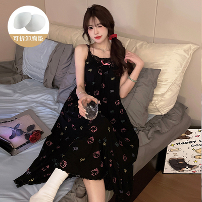 带胸垫吊带睡裙女夏季短袖莫代尔