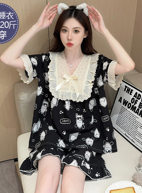 睡衣女款夏季纯棉短袖短裤套装黑色帕恰狗公主风加肥加大码家居服