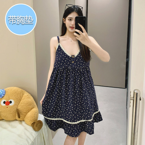带胸垫吊带睡裙女夏季云朵棉性感