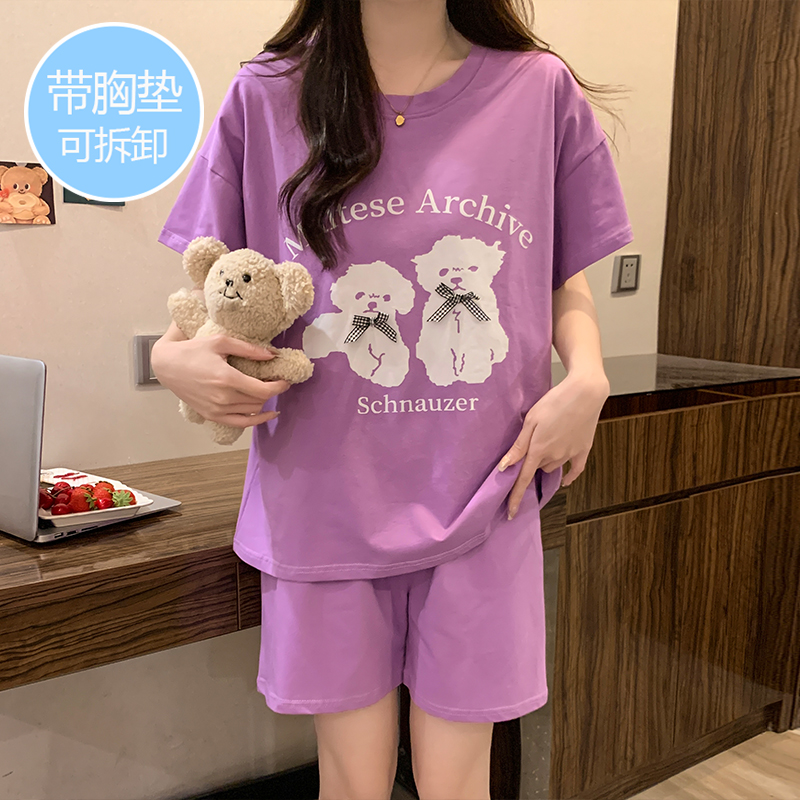 带胸垫睡衣女夏季短袖纯棉加大码