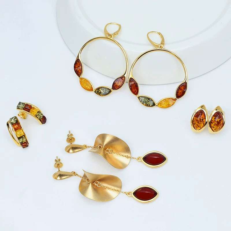 Amber genuine design earrings wax agate, European style, silver 925 sample
