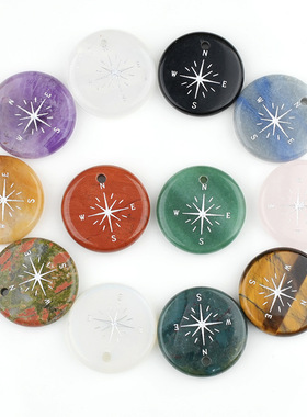 天然石水晶玛瑙30mm罗盘星芒吊坠diy幸运符项链复古饰品挂件礼物