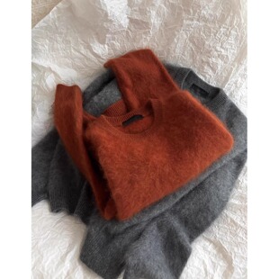 红棕色山羊绒拉绒毛衣女秋冬季松弛风显白慵懒套头针织衫百搭上衣