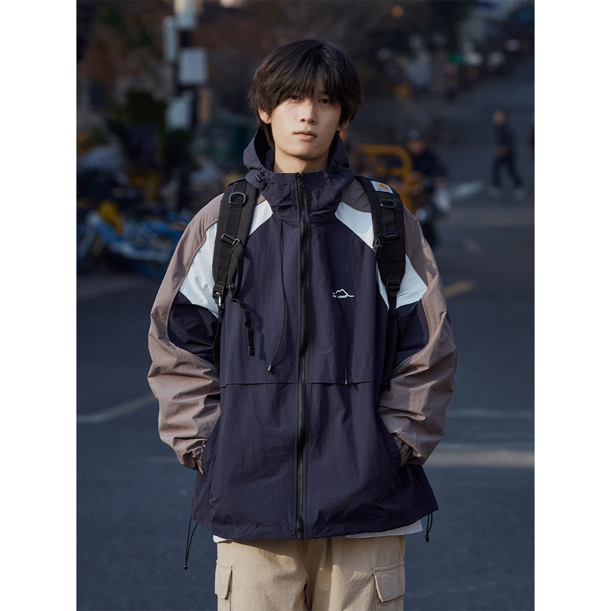 南鹤日系复古撞色拼接立领夹克男潮牌宽松情侣休闲工装冲锋衣外套