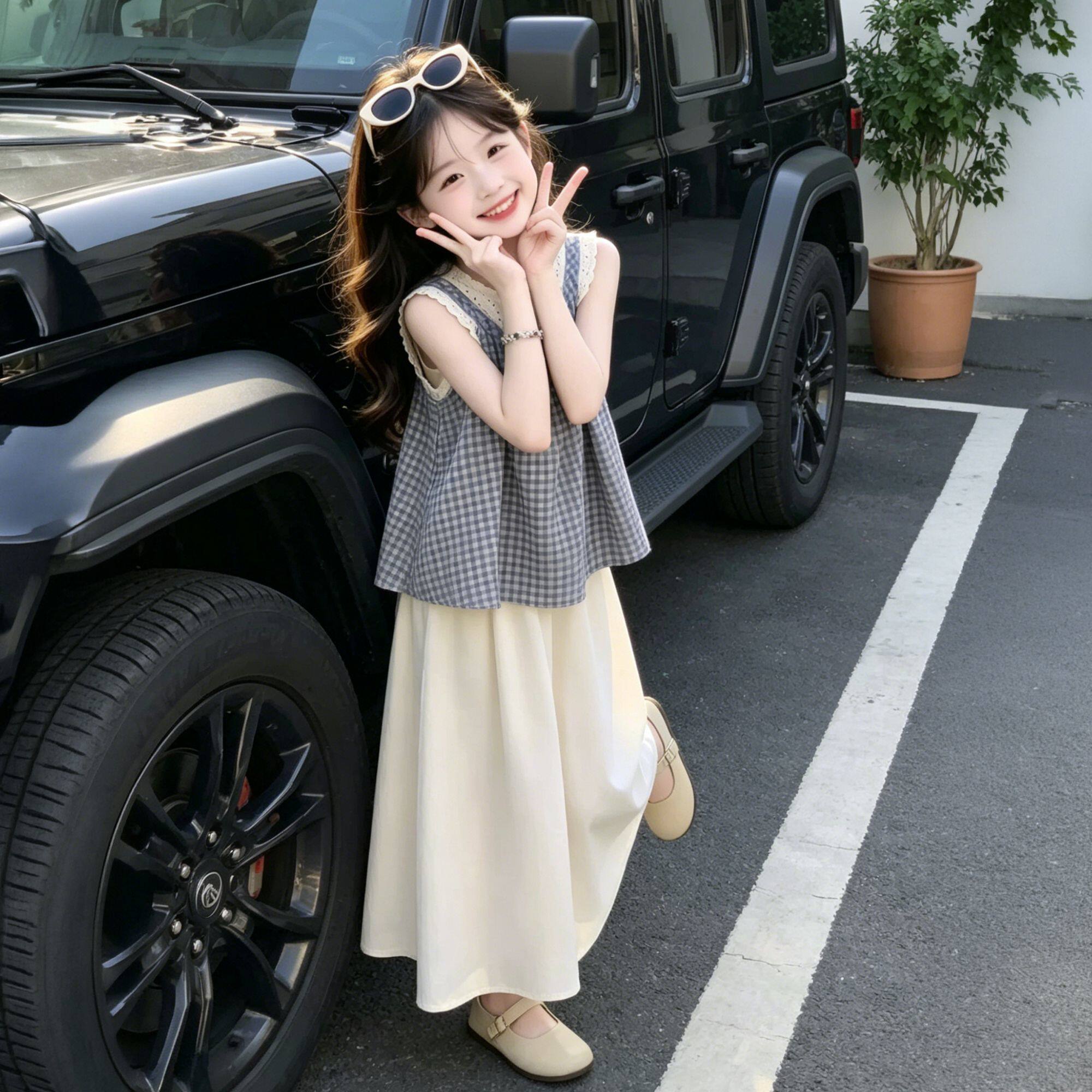 女童套装2026新款夏季巨好看洋气时髦蕾丝格子短袖独特漂亮两件套