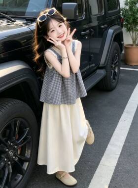 女童套装2026新款夏季巨好看洋气时髦蕾丝格子短袖独特漂亮两件套